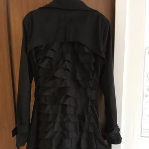 BCBG Back Ruffle Trench Coat, Black, Size Small